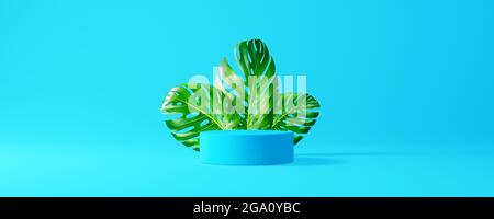 Mockup podium for product on blue background with green plant leaves 3d render 3d illustration Stock Photo