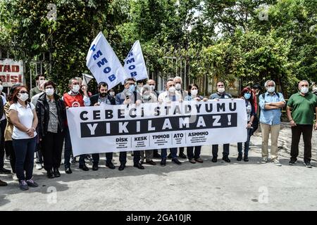 Ankara, Turkey. 31st May, 2021. Members of various associations gather in front of the nostalgic Cebeci Stadium during a protest against its destruction in Ankara, Turkey, on Monday, May 31, 2021. (Photo by Altan Gocher/GocherImagery/Sipa USA) Credit: Sipa USA/Alamy Live News Stock Photo