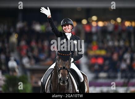 Tokyo, Japan. 28th July, 2021. Jessica von Bredow-Werndl of Germany gestures during the equestrian dressage individual grand prix freestyle at the Tokyo 2020 Olympic Games in Tokyo, Japan, July 28, 2021. Credit: Zhu Zheng/Xinhua/Alamy Live News Stock Photo