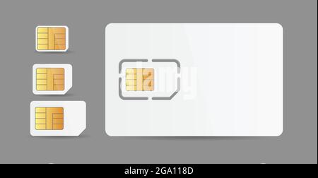 Realistic white simcards for mobile telephone smartphone collection with cellular gold micro chips for cellphone contact connection, wireless gsm Stock Vector