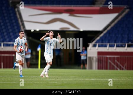 Saitama, Japan. 28th July, 2021. TOMAS BELMONTE (17) of Argentina celebrates scoring a goal during a men's Group C game between Spain and Argentina at Saitama Stadium for the Tokyo 2020, Olympic Games. Spain 1-1 Argentina. (Credit Image: © Rodrigo Reyes Marin/ZUMA Press Wire) Stock Photo