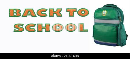 A green school backpack on a white background. Stock Photo