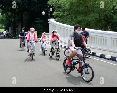 A family with facemask ride their bicycles on street. Stock Photo