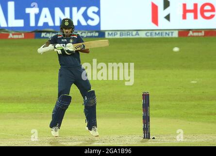 Colombo, Si Lanka. 28th July, 2021. India's captain Shikhar Dhawan plays a shot during the T20I International Series Second T20 match between India and Sri Lanka at the R.Premadasa Stadium in Colombo on July 28, 2021. (Credit Image: © Pradeep Dambarage/ZUMA Press Wire) Stock Photo