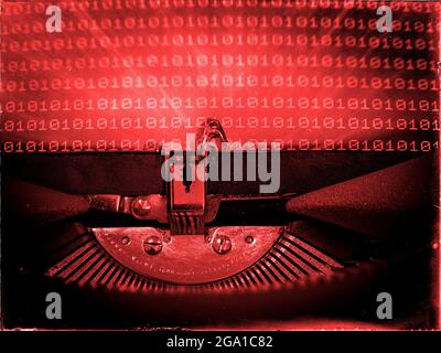 Retrofuturism, Mechanical Typewriter, Binary code background, Red tone, Vintage distorted look Stock Photo