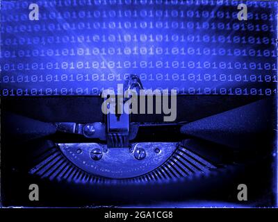 Retrofuturism, Mechanical Typewriter, Binary code background, Blue tone, Vintage distorted look Stock Photo