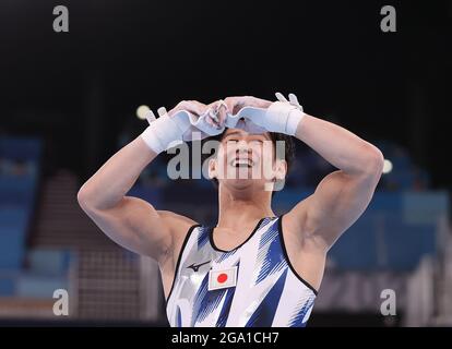 Tokyo, Japan. 28th July, 2021. Hashimoto Daiki of Japan celebrates after the artistic gymnastics men's all-around final at the Tokyo 2020 Olympic Games in Tokyo, Japan, July 28, 2021. Credit: Xinhua/Alamy Live News Stock Photo