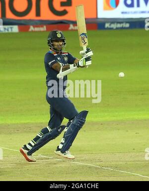 Colombo, Si Lanka. 28th July, 2021. India's captain Shikhar Dhawan plays a shot during the T20I International Series Second T20 match between India and Sri Lanka at the R.Premadasa Stadium in Colombo on July 28, 2021. (Credit Image: © Pradeep Dambarage/ZUMA Press Wire) Stock Photo