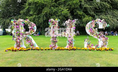 The letters RHS, for Royal Horticultural Society, spelt out in flowers at Tatton Flower Show, Tatton Park, Cheshire, England, UK Stock Photo
