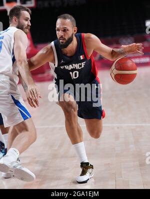 Tokyo, Japan. 28th July, 2021. Evan Fournier of France drives during the men's preliminary round match of basketball between France and Czech Republic at Tokyo 2020 Olympic Games in Saitama, Japan, July 28, 2021. Credit: Meng Yongmin/Xinhua/Alamy Live News Stock Photo