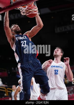 Tokyo, Japan. 28th July, 2021. Rudy Gobert of France dunks during the men's preliminary round match of basketball between France and Czech Republic at Tokyo 2020 Olympic Games in Saitama, Japan, July 28, 2021. Credit: Meng Yongmin/Xinhua/Alamy Live News Stock Photo