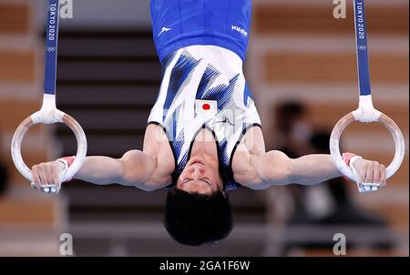 Daiki Hashimoto, of Japan, competes in the rings during the men's all ...