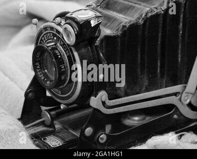 abstract close-up picture of old vintage cameras Stock Photo