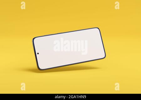 Mobile phone with blank screen isolated on yellow background. 3d illustration. Stock Photo