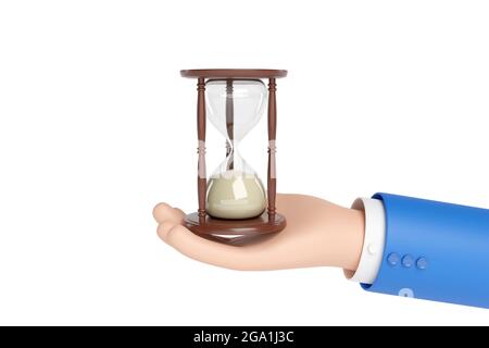 Cartoon hand holding an hourglass isolated in white background. 3d illustration. Stock Photo