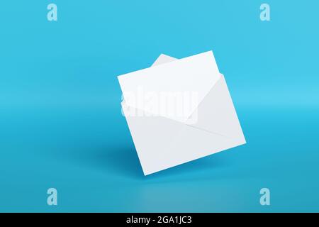 Blank card popping out of an envelope isolated on blue background. 3d illustration. Stock Photo