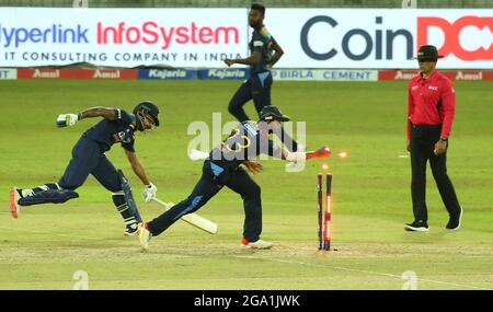 Colombo, Si Lanka. 28th July, 2021. India's captain Shikhar Dhawan successfully completes a run during the T20I International Series Second T20 match between India and Sri Lanka at the R.Premadasa Stadium in Colombo on July 28, 2021. (Credit Image: © Pradeep Dambarage/ZUMA Press Wire) Stock Photo