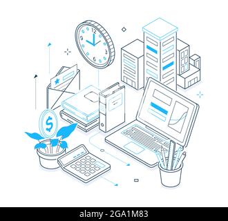 Office work - black and blue isometric line illustration. Remote collaboration idea. Typical workday, laptop, clock, earning money, plant, e-mail, boo Stock Vector