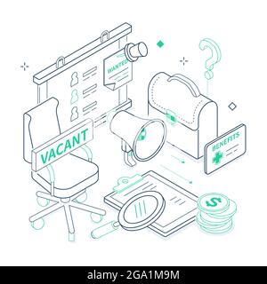 Job search - isometric green and black line illustration. HR, hiring a candidate for a vacancy and employment idea. Recruitment company website, benef Stock Vector