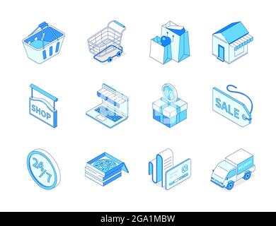 Online shopping and delivery - modern isometric icons set. E-commerce and food ordering idea. Basket, cart, bags, store, shop, website, box, sale labe Stock Vector