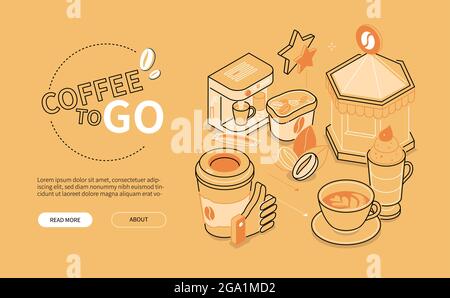 Coffee to go - orange line design style isometric web banner on orange background with copy space for text. Cafe or shop with beverages idea. Latte, c Stock Vector
