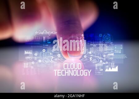 Finger touching tablet with web technology icons concept Stock Photo