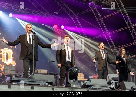 Collabro performing live at a music festival at Maldon, Essex, UK in July 2021 after COVID restrictions end. Jamie Lambert, Matt Pagan, Michael Auger Stock Photo