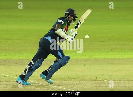 Colombo, Si Lanka. 28th July, 2021. Sri Lasnka's Minod Bhanuka plays a shot during the T20I International Series Second T20 match between India and Sri Lanka at the R.Premadasa Stadium in Colombo on July 28, 2021. (Credit Image: © Pradeep Dambarage/ZUMA Press Wire) Stock Photo