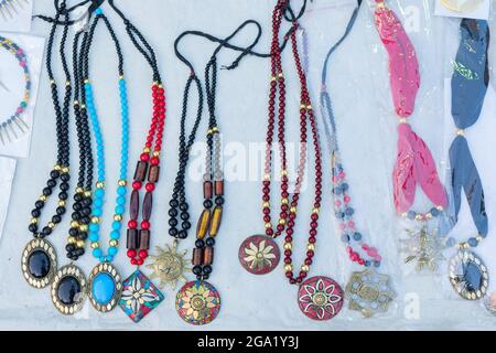 Necklaces, handicrafts on display during the Handicraft Fair in Kolkata , earlier Calcutta, West Bengal, India. It is the biggest handicrafts fair in Stock Photo