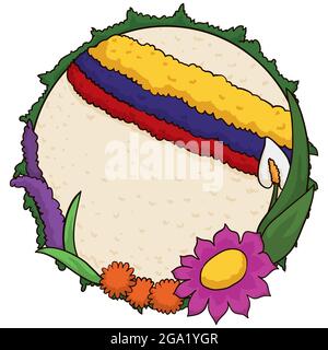 Beautiful floral arrangement in a circular Silleta decorated with Colombian flag for the Festival of Flowers parade. Stock Vector
