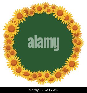 Green round button with circular frame decorated with yellow daisies isolated over white background. Stock Vector