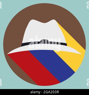 Round button with a traditional paisa hat of Aguadas with long shadow like Colombian flag in flat style. Stock Vector