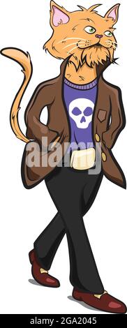 Anthropomorphic Animals. Human with Cat Head wearing cool clothes. Animals Dressed as Humans. Feline Anthropomorphism. Cool Street Cat Character weari Stock Vector
