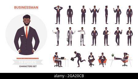 African american black businessman poses vector illustration set. Cartoon bearded business office worker in black formal suit standing or running, executive young man employee in work or rest isolated Stock Vector