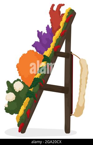 Lateral view of a traditional Silleta decorated with a floral arrangement, ready for Festival of Flowers parade, isolated over white background. Stock Vector