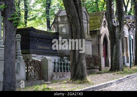 Delacroix's grave at the Pere Lachaise Cemetery which is the largest cemetery in Paris, France. Stock Photo