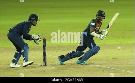 Colombo, Si Lanka. 28th July, 2021. Sri Lasnka's Minod Bhanuka plays a shot during the T20I International Series Second T20 match between India and Sri Lanka at the R.Premadasa Stadium in Colombo on July 28, 2021. (Credit Image: © Pradeep Dambarage/ZUMA Press Wire) Stock Photo