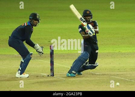 Colombo, Si Lanka. 28th July, 2021. Sri Lasnka's Minod Bhanuka plays a shot during the T20I International Series Second T20 match between India and Sri Lanka at the R.Premadasa Stadium in Colombo on July 28, 2021. (Credit Image: © Pradeep Dambarage/ZUMA Press Wire) Stock Photo