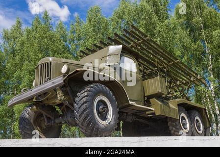 VELIZH, RUSSIA - JULY 04, 2021: Rocket installation of a salvo fire system based on the ZIL-157K truck close-up Stock Photo