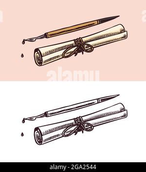Scroll Paper and a pen for writing. Dripping ink in vintage engraved style. Retro vector illustration for woodcut or woodblock or print. Hand drawn. Stock Vector