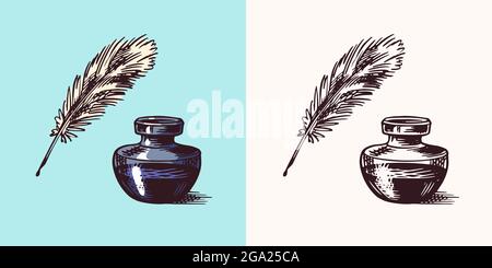 Ink and feather and inkwell in vintage engraved style. Retro vector illustration for woodcut or woodblock or print. Hand drawn. Stock Vector