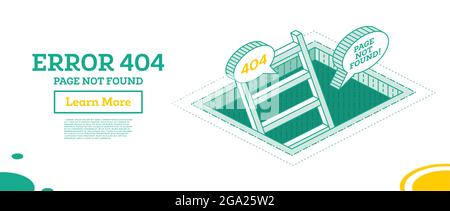 404 Error Web Page Concept. Isometric Stairs in Pit Isolated on White. Ladder in Hole. Vector Illustration. Outline Minimalistic Design. Stock Vector