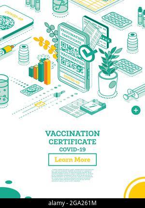 Vaccination Certificate on Screen of Smartphone. Isometric International Certificate of Immunization. Vector Illustration. Health Passport with QR. Stock Vector