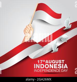 happy independence day Indonesia. hands holding with Indonesian flag. vector illustration design. Stock Vector