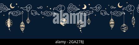 Cute hand drawn lantern hanging in the sky, seamless pattern, chinese clouds, moon and stars, great for background, wallpapers, wrapping, textiles - v Stock Vector