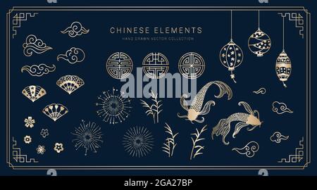 Cute hand drawn chinese style elements, lantern, fish, clouds, flowers, great for cards, invitation, decoration - vector design Stock Vector