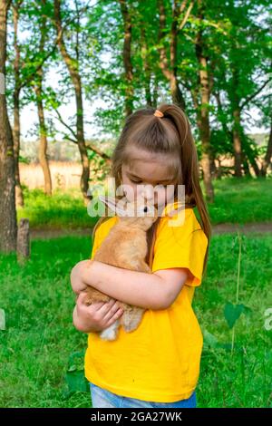 A little cute girl holds in her arms and kisses a red-haired rabbit against a background of green plants. Summer outdoor activities for children with Stock Photo