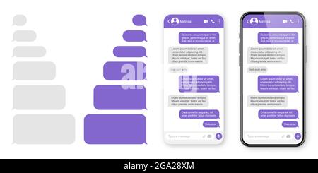 Realistic smartphone with messaging app. Blank SMS text frame. Conversation chat screen with violet message bubbles. Social media application. Vector Stock Vector