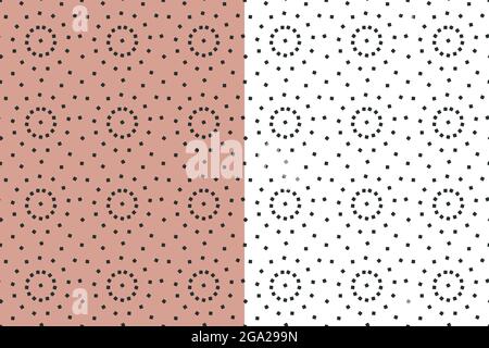 Geomentric seamless pattern, circular ornament, black square decorative shapes. White, pink easy editable background. Vector Stock Vector