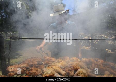 Man in smoke over a large barbecue in Chile; Santiago de Chile, Chile Stock Photo